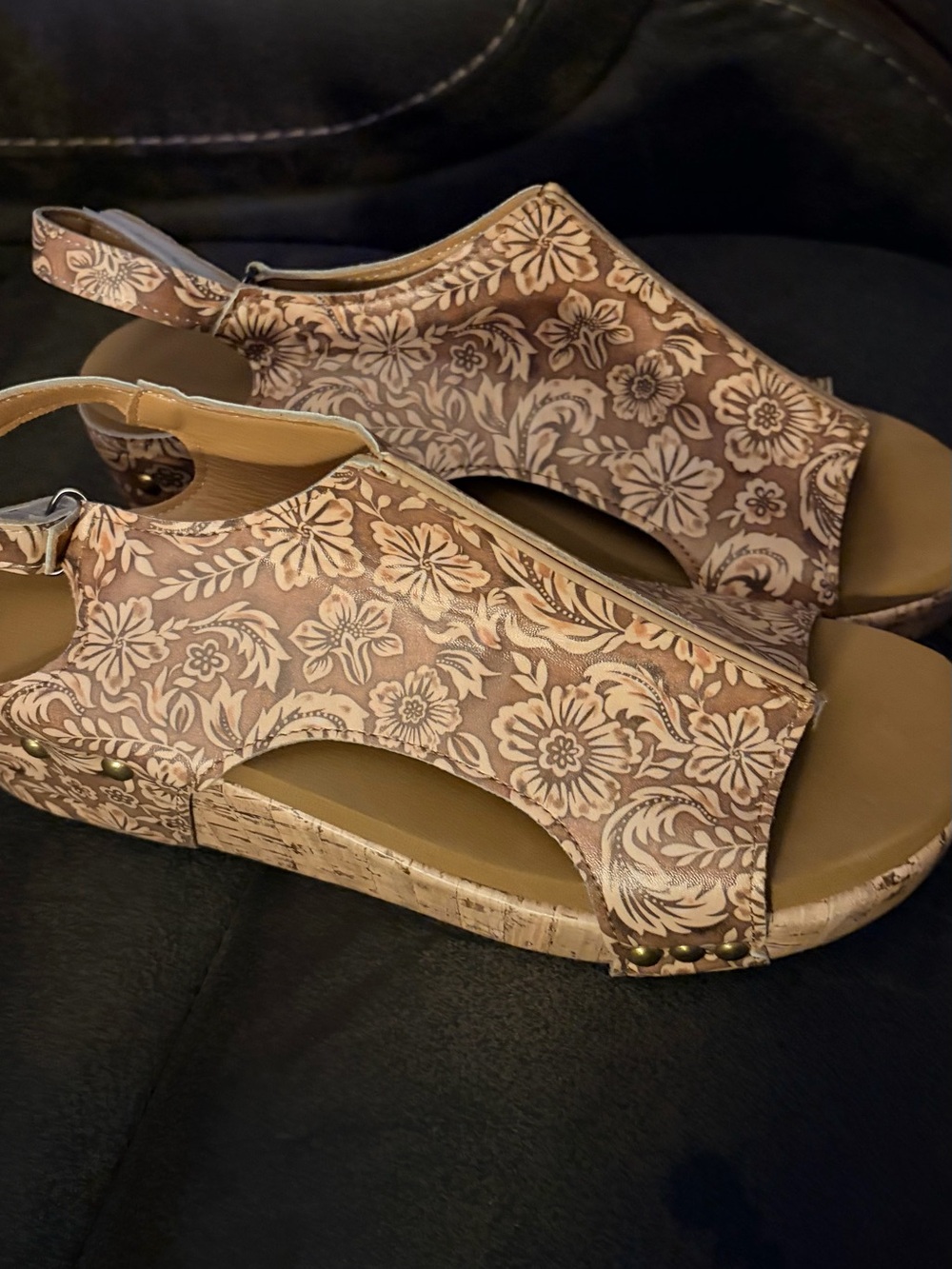 Floral Print Cork Platform Wedge Sandals Cutout Slingback